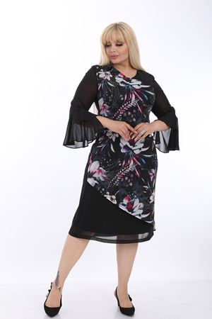 Taşlı Desenli Siyah Büyük Beden Elbise J1-1323