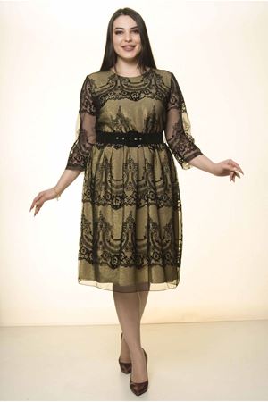 Siyah Dore Astarlı Kemerli Büyük Beden Elbise J7-1572