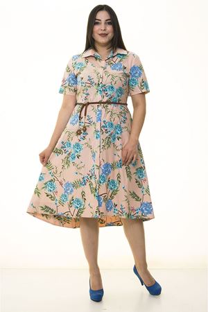 Kemerli Çiçekli Büyük Beden Elbise 33D-1335