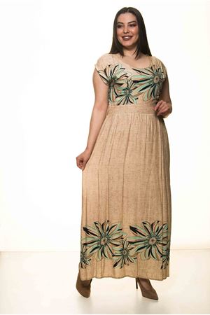 Yeşil Çiçekli Büyük Beden Uzun Elbise G1-1598