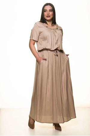 Yaka Boncuklu Büyük Beden Uzun Elbise G1-1601