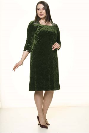 Yeşil Kadife Büyük Beden Elbise 34D-1589