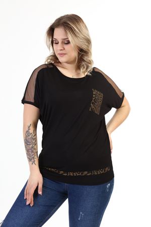 Siyah Taşlı Leo Büyük Beden Bluz 10A-1636