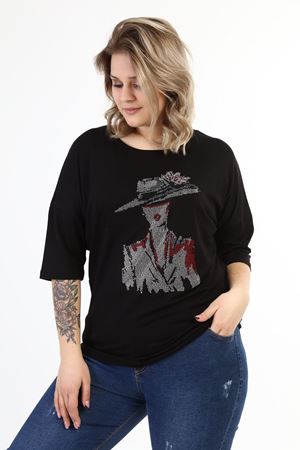 Siyah Taşlı Kadın Baskılı Büyük Beden Bluz 21E-1633