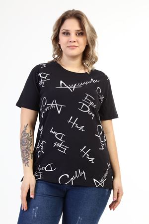 Siyah Taşlı Yazı Baskılı Büyük Beden Bluz 5B-1630