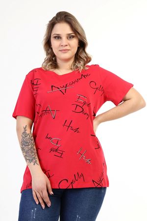 Mercan Taşlı Yazı Baskılı Büyük Beden Bluz 7C-1628