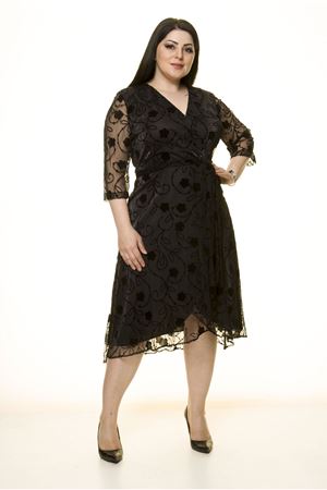 Kruvaze Yaka Kuşaklı Siyah Elbise 30Y-1592