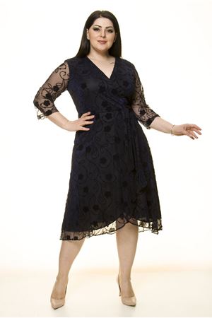 Kruvaze Yaka Simli Büyük Beden Elbise 16B-1595