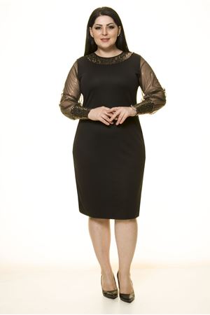 Yaka Kol Parlak Altın Büyük Beden Elbise 34F-1699