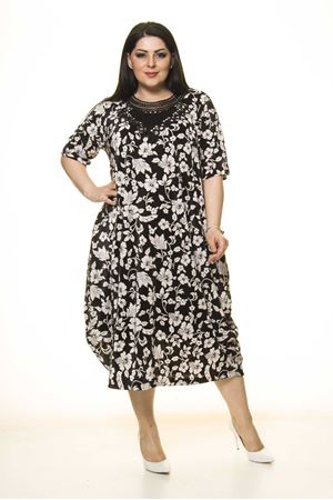 Yaka Detaylı Siyah Cepli Büyük Beden Elbise F10-1734