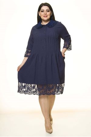 Lacivert Dantel Detaylı Büyük Beden Elbise G10-1669