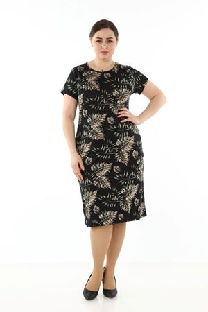 Kısakol Cepli Yaprak Desenli Büyük Beden Elbise 10A-1756