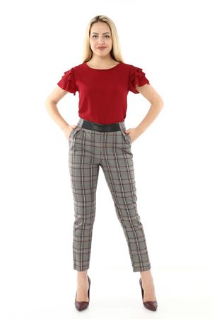 Gri Bordo Ekoseli Kumaş Pantolon L1-1686