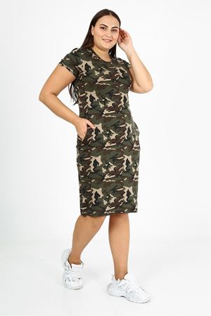 Kısakol Cepli Kamuflaj Desenli Büyük Beden Elbise 8C-1776