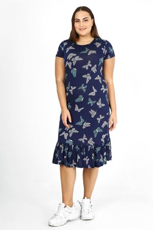 Kelebek Desenli Eteği Fırfırlı Büyük Beden Elbise 24C-1774