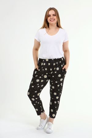 Büyük Beden Papatya Desenli Cepli Pantolon 19D-1815