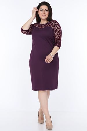 Mor Floklu Büyük Beden Elbise 7A-1033