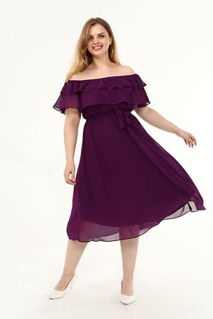 Karmen Yaka Büyük Beden Şifon Elbise 30Y-1824