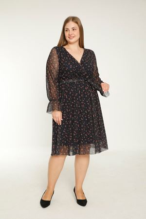 Kruvaze Yaka Büyük Beden Tül Elbise 4D-1900