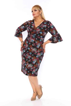 Desenli Volan Kol Büyük Beden Elbise 21A-0737