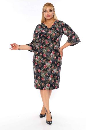 Kruvaze Yaka Çiçekli Büyük Beden Elbise 21C-0738