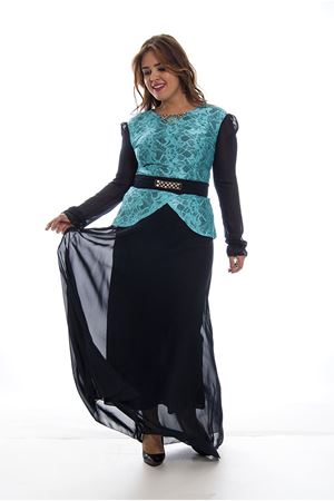 Büyük Beden Lacivert Dantel Detaylı Şifon Kadın Elbise F1-120691