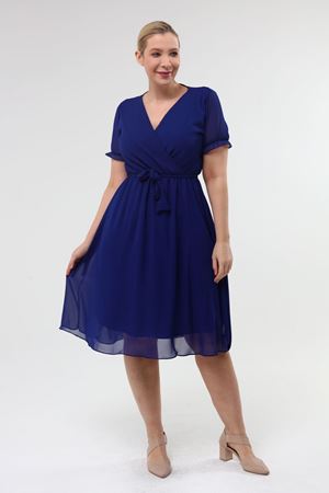 Kruvaze Yaka Büyük Beden Şifon Saks Elbise 26B-1967