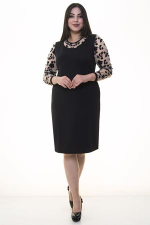 Manşet Kollu Siyah Büyük Beden Elbise 22E-90867