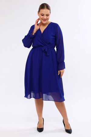 Uzun Kol Büyük Beden Şifon Saks Elbise 36A-2002