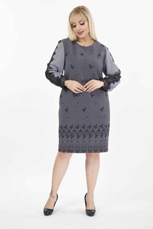 Jakarlı Kumaş Tül Kol Büyük Beden Cepli Fermuarlı Elbise G10-2072