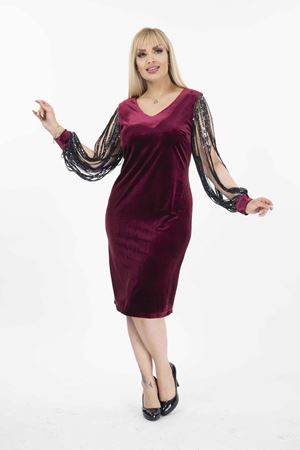 Kol Detaylı Kadife Büyük Beden Elbise 21B-2082