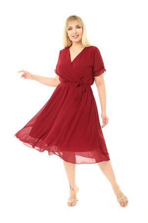 Kısa Kol Büyük Beden Şifon Bordo Elbise 13E-2066