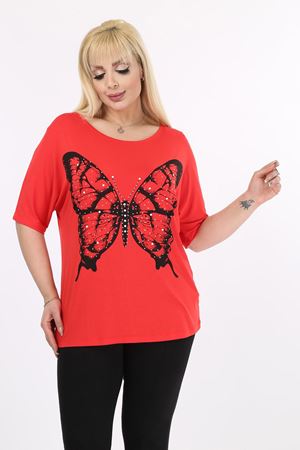 Kelebek Baskılı Taşlı Büyük Beden Tshirt 37B-2097