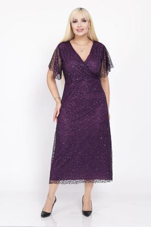 Kruvaze Yaka Büyük Beden Payetli Abiye Elbise 23D-2188