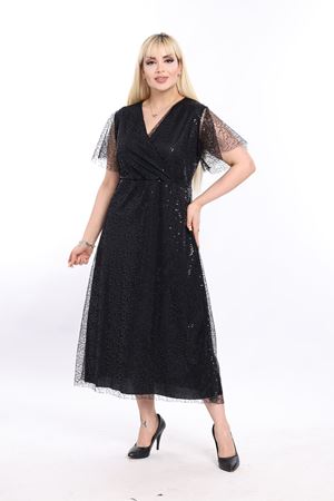 Kruvaze Yaka Büyük Beden Payetli Siyah Abiye Elbise 23D-2329