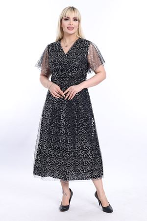 Kruvaze Yaka Büyük Beden Payetli Gri Abiye Elbise 13C-2328