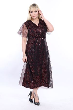 Kruvaze Yaka Büyük Beden Payetli  Abiye Elbise 21D-2327
