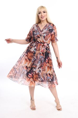 Kruvaze Yaka Büyük Beden Yazlık Elbise 8D-2372