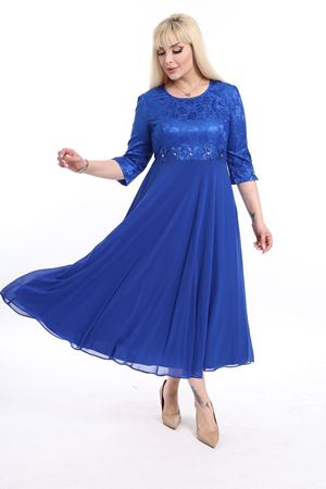 Uzun Büyük Beden Saks Abiye Elbise F10-2337