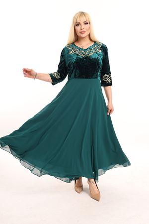 Nakışlı Büyük Beden Yeşil Abiye Elbise F10-2338