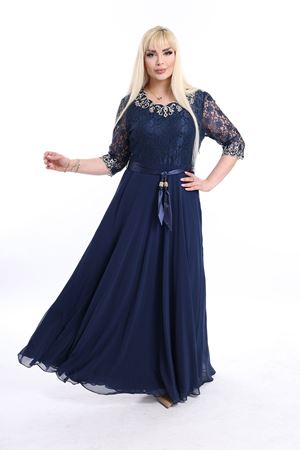 Nakışlı Dantel Büyük Beden Lacivert Abiye Elbise F10-2347