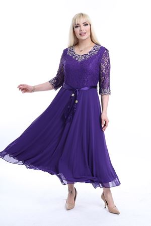 Nakışlı Dantel Büyük Beden Mor Abiye Elbise F10-2323