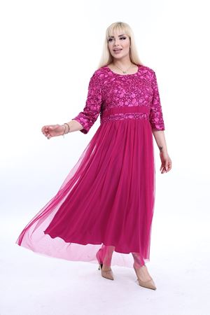 Nakışlı Dantel Büyük Beden Fuşya Abiye Elbise F10-2348