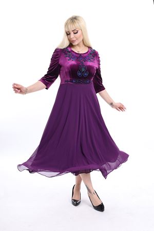 Nakışlı Büyük Beden Üstü Kadife Abiye Elbise F10-2341