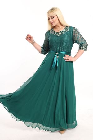 Nakışlı Dantel Büyük Beden Yeşil Abiye Elbise F10-2342