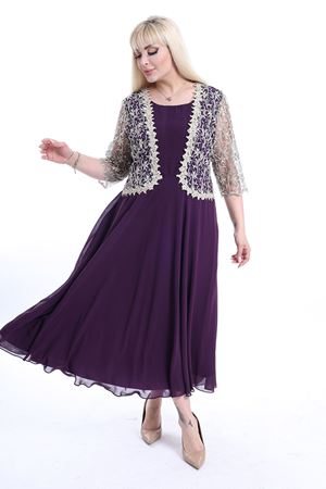 Nakışlı Büyük Beden Mor  Abiye Elbise F10-2356