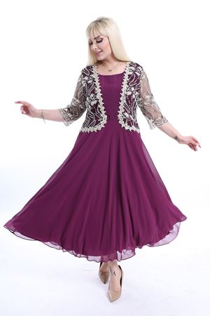 Nakışlı Büyük Beden Mürdüm Abiye Elbise F10-2358