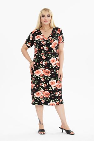 Kruvaze Yaka Siyah Büyük Beden Elbise 16C-2384