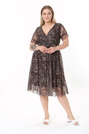 Kruvaze Yaka Büyük Beden Desenli Kısa Kol Elbise 30A-2531