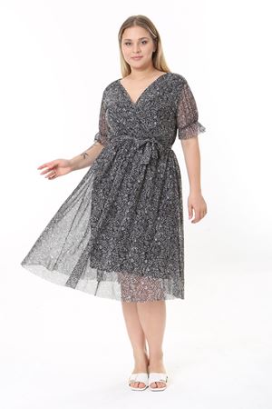 Kruvaze Yaka Büyük Beden Desenli Kısa Kol Elbise 21D-2532